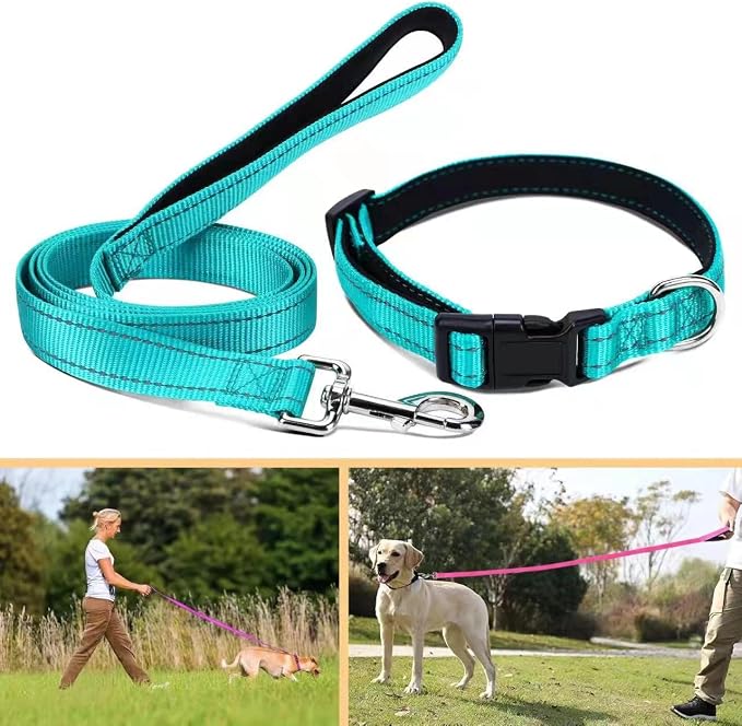Soft Neoprene Padded Dog Collar and Leash Set for Small Medium Large Dogs, Reflective Durable Nylon Dog Collar with 5ft Leash Easy for Walking, Teal,Neck fit 10.5-15.5’’