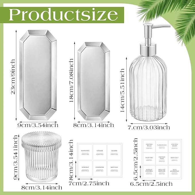Yaomiao 7 Pack Clear Glass Bathroom Accessories Set, 2 Pcs Cotton Swabs Jar with Lids, 2 Pcs 18 oz Soap Dispenser with Pump and 2 Trays and Labels for Bathroom Kitchen Counter Organizer Vintage Gift