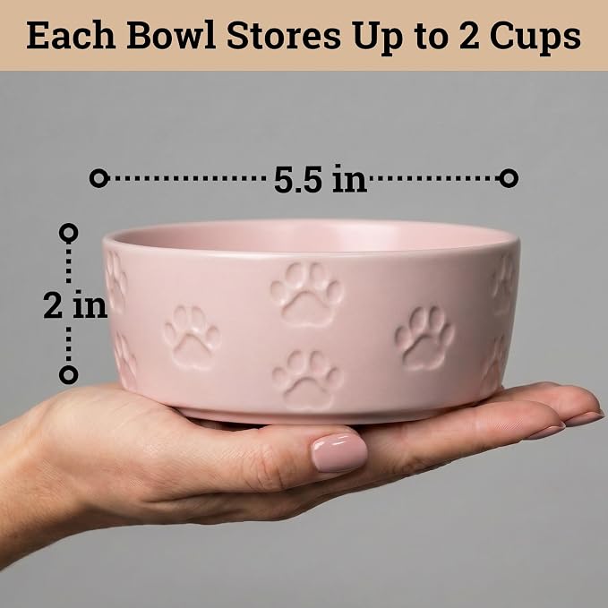 Ceramic Dog Bowl Set of 2 with Anti-Skid Base - 5.5" Wide x 2" Tall Ceramic Dog Bowls for Small Dogs - 2 Cup Capacity Food and Water Bowls for Dogs - Rubber Bottom Pet Bowl Set of 2 for Small Pets