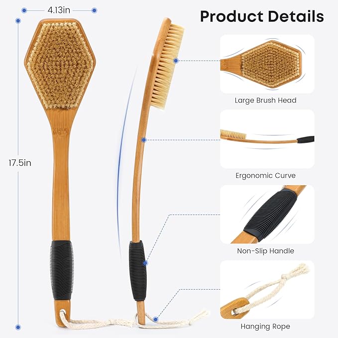 eaxun Bamboo Back Brush with Curved Long Handle, 17.5 Inches Shower Back Scrubber with Stiff Bristles for Men and Women, Exfoliating Body Washer Anti Slip Exfoliator for Bath or Dry Brushing