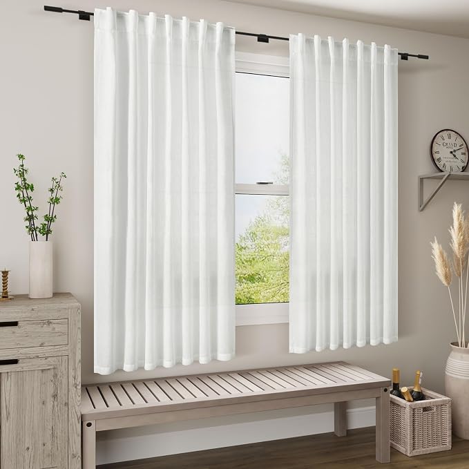 Nanspring White Linen Curtains for Living Room 2 Panels Set Neutral Modern Farmhouse Window Curtain for Bedroom 66 Inch Length Semi Sheer Light Filtering Privacy Back Tab Rod Pocket Drapes 52x66