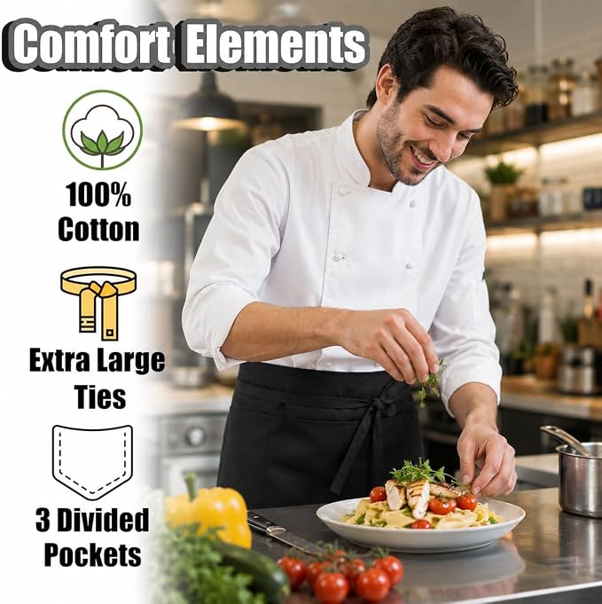 Waist Apron with 3 Pockets Waterdrop Resistant Premium Cotton Waitress Apron 10 Color Option Server Apron Chef Apron (BLACK, PACK OF 1)