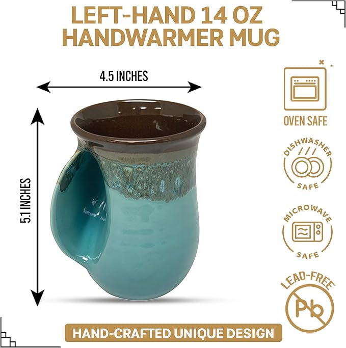 Clay in Motion Hand Warmer Coffee Mug – Handmade Coffee Mug With Comfortable Handle Contoured Pocket Hand Warming Ceramic Coffee Mug – Proudly Made in USA – Left Handed – 14 Oz - Ocean Tide