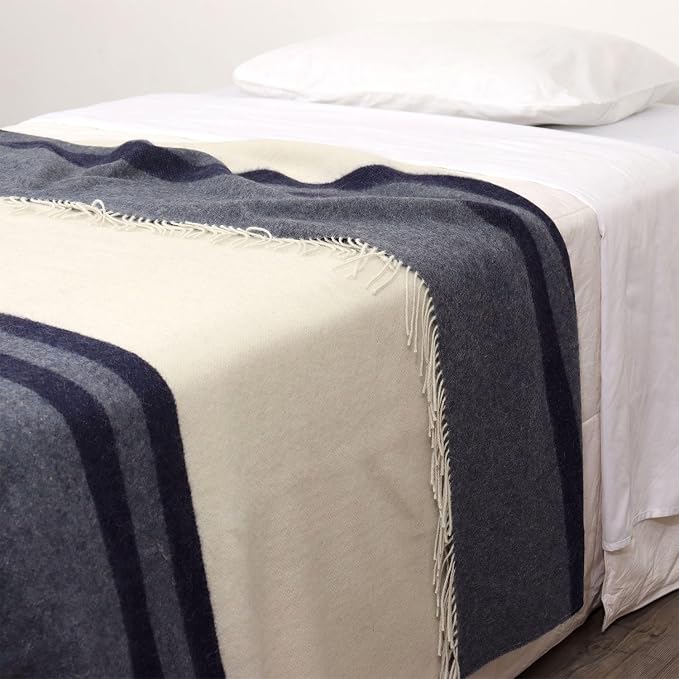 Superfine Alpaca Wool Throw Blanket - Lightweight Alpaca Merino Wool Throw Blankets | Soft Peruvian Alpaca Blanket Wool Blanket Striped Design 63" x 52" (Ivory/Blue Jean/Navy Blue)