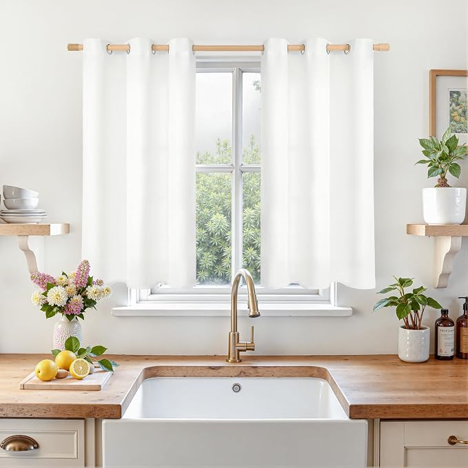 LAMIT White Linen Curtains 40 inch Length for Kitchen Windows Over Sink, Linen Textured Thermal Insulated Curtains Privacy Grommet Drapes for Small Windows/Bathroom, Set of 2 Panels, W42 x L40