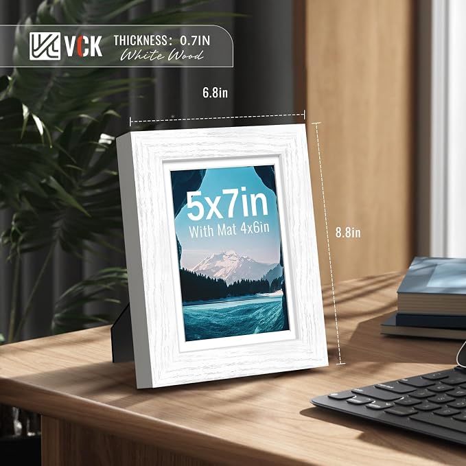 VCK 5x7 Picture Frames White 3 Pack, Wide Border Wood, Tempered Glass, Display 4x6 Photo with Mat or 5 x 7 without, for Home, Office, Gallery, Woodgrain Series, Tabletop & Wall Hanging