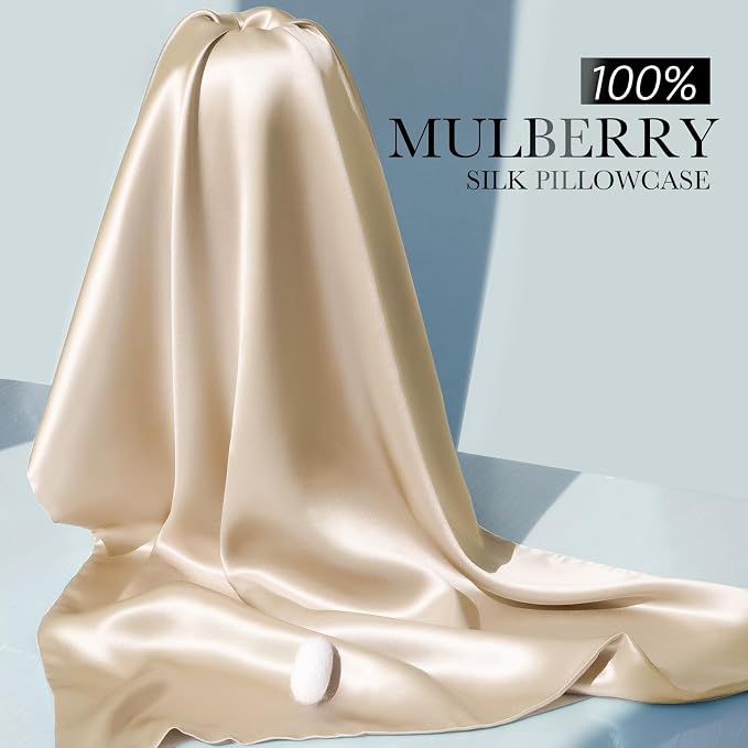 J JIMOO 100% Mulberry Silk Pillowcase for Hair and Skin, 22 Momme Pure Natural Silk Pillow Case Both Sided with Zipper, Pillow Cover for Women Mom Men (Beige, Queen 20''×30'', 2 Pack)