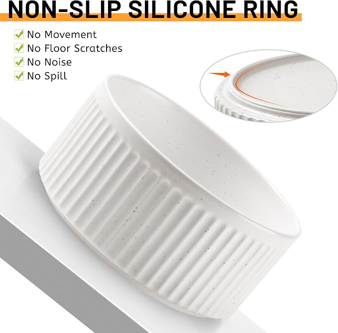 Non-Slip Ceramic Dog Bowls with Wood Stand,6" Dog Food and Water Bowl Set with Silicone Base, 32 OZ/4 Cups Weighted Flip-Proof Pet Feeding Bowl for Small Dogs and Cats (Medium,White)