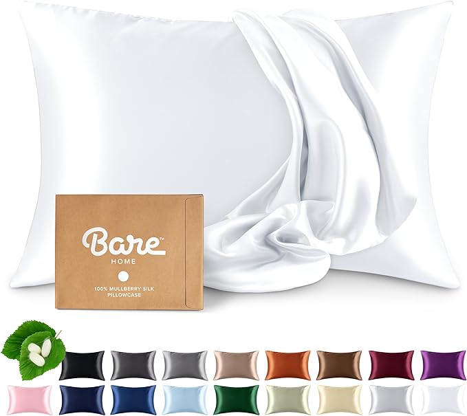 Bare Home 100% Mulberry Silk Pillowcase for Hair and Skin - Ultra Premium 6A Grade 19 Momme Silk Pillow Case - Envelope Enclosure - Breathable Cooling Pillow Cover (Queen, White)