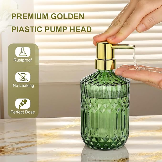 Green Glass Soap Dispenser (15.4 Oz, 2 Pack), Kitchen Hand and Dish Soap Dispenser Set with Golden Rust Proof Pump, Vintage Bathroom Hand Soap Lotion Dispensers