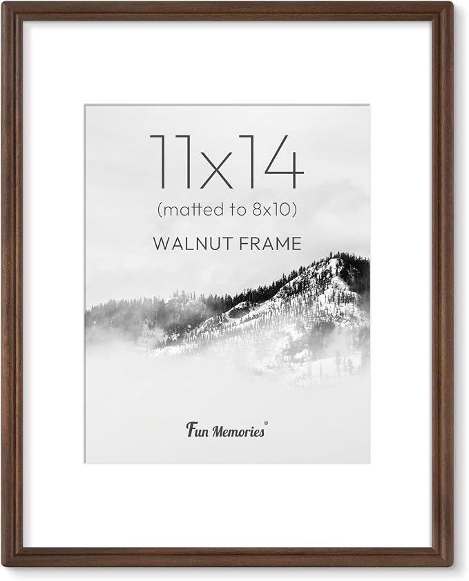 11x14 Picture Frame with Mat for 8x10, USA-Sourced Natural Walnut Wood Handcrafted Rounded Corner with HD Tempered Glass, 11 x 14 Photo Frames Gallery Wall & Tabletop, Vertical or Horizontal Display