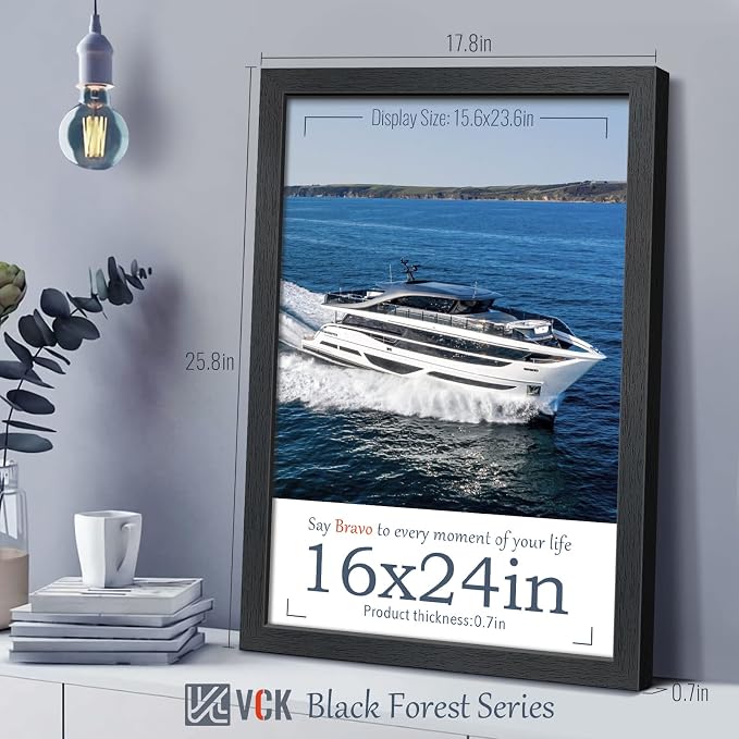 VCK 16x24 Picture Frame Set of 4, Gallery-Quality Black Wood Poster Frames, 1.1-Inch Wide Border, Polished Plexiglass, Vertical or Horizontal Wall Display for Photo/Art/Prints