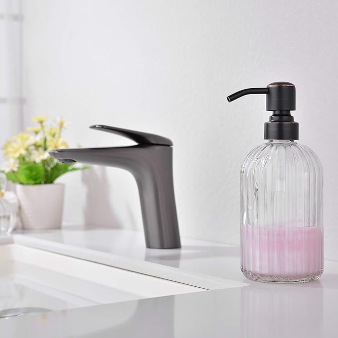 Dish Kitchen Soap Dispenser, Oil Rubbed Bronze Bathroom Liquid Soap Dispensers,with Rustproof Stainless Steel Pump,16 Oz Clear Glass Bottle,2 Packs