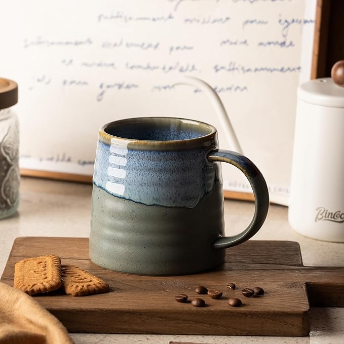 15.5 Oz Large Reactive Glaze Ceramic Mug, Heavy Weighted Stoneware Coffee Cup, Wide Base, Thick Wall Big Tea Cup with Custom Package Box, Microwave & Dishwasher Safe(Blue-Grey)