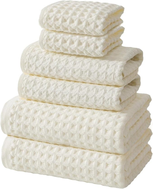 SK Studio 6 Piece Cotton Hotel Waffle Towel Set - 2 Bath, 2 Hand, 2 Washcloths - Large, Absorbent, Quick Dry for Bathroom Spa - White
