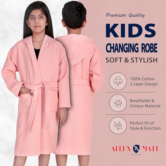 ALLEN & MATE 100% Cotton Waffle Terry Towel Hooded Kids Bathrobe – Soft Absorbent Medium Weight Swim Robe for Boys & Girls