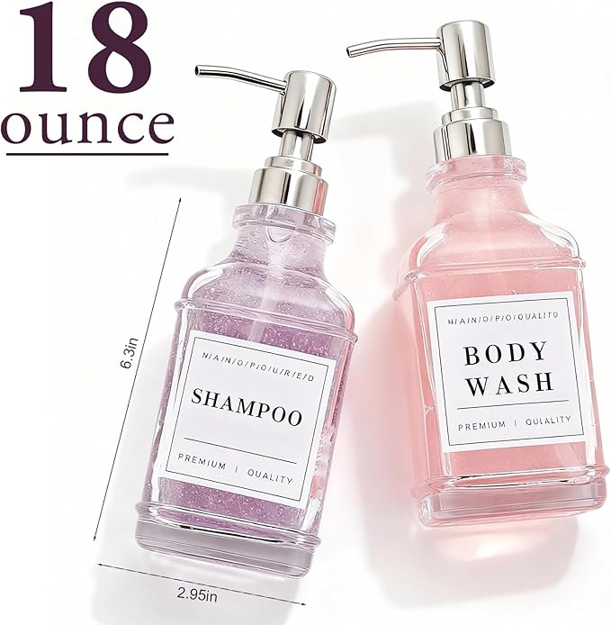 Glass Soap Dispenser with Pump,Tray,Funnel, Countertop Soap and Lotion Dispenser Set of 2 with 60 Stickers, Dish and Hand Soap Dispenser Bottle for Kitchen,Bathroom,Shower, 500ml/16.9oz