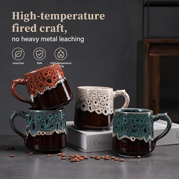 12oz Boho Style Leopard Pattern Reactive Glaze Ceramic Pottery Coffee Mug, Lead-Free Glaze Ceramic Tea Mug,Tea cup with handle, stoneware mugs, Microwave and Dishwasher Safe (blue) (Blue)