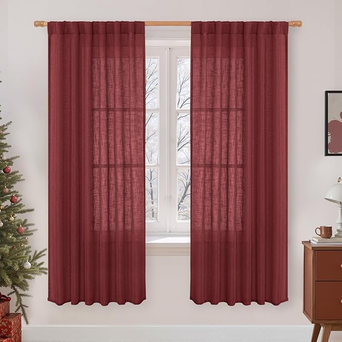 LAMIT Burgundy Red 78 inch Linen Curtains for Living Room 2 Panels, Linen Textured Light Filtering Semi Sheer Back Tab and Rod Pocket Christmas Panels for Bedroom/Farmhouse, 52 x 78 Inch