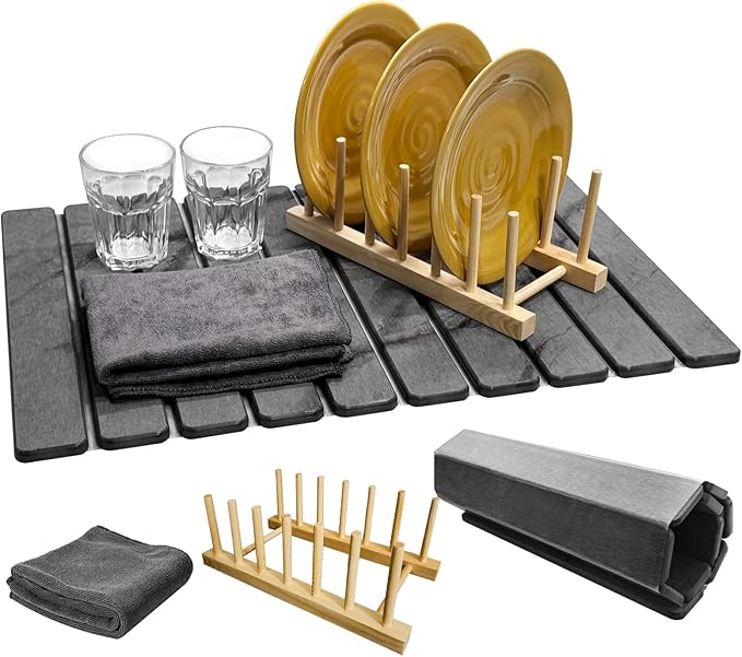 Large Stone Dish Drying Mat for Kitchen Counter, Collapsible Marbled Quick-Dry Diatomaceous Earth Mat with Dish Rack and Towel, Versatile Drying Mats for Kitchen Utensils (Dark Gray 23.6"×15.4")