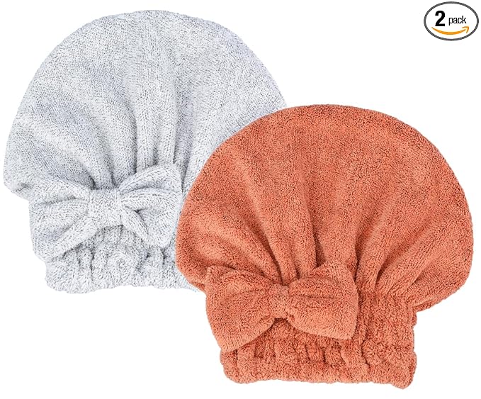 Microfiber Hair Drying Towels Head wrap 2-Pack with Bow-Knot Shower Cap Hair Turban hairWrap Bath Cap for Curly Long & Wet Hair Gift for Women 2pack (SalmonRed+Heathered Gray)