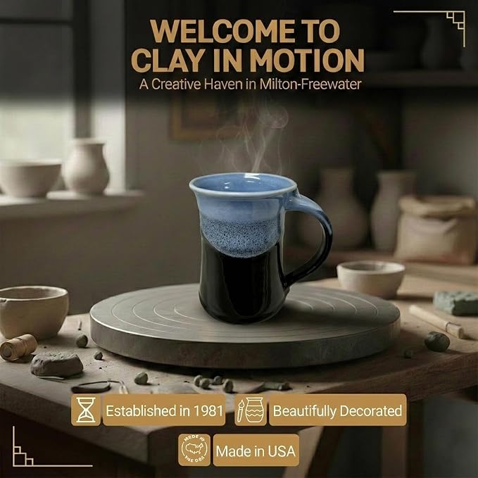 Clay in Motion Handmade Ceramic Mug 24 oz, Large Coffee Mug, Hand Painted Stoneware, Dishwasher Microwave & Oven Safe, Lead-Free, Made in USA Since 1981 (Lava Foam)