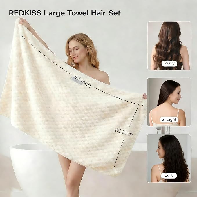 REDKISS 4 Pack Extra Large Hair Towels - Microfiber Oversized Hair Towel Wrap for Women, 23 x 47 inches Hair Towels with Elastic Strap, Super Soft Hair Drying Towels for Long, Thick, Curly Turbans