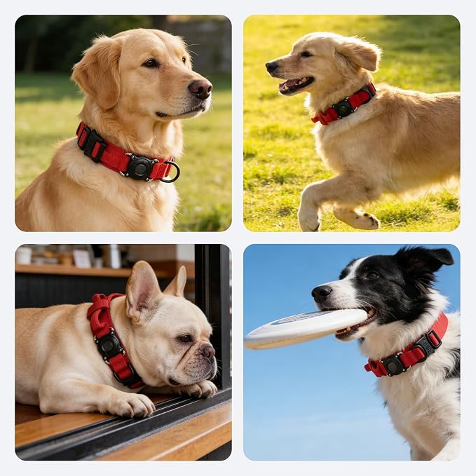 Upgraded AirTag Dog Collar,Waterproof Tactical Dog Collar with AirTag Holder, Control Handle and Metal Buckle,Heavy Duty Dog Collars for Large Dogs(Red，XL
