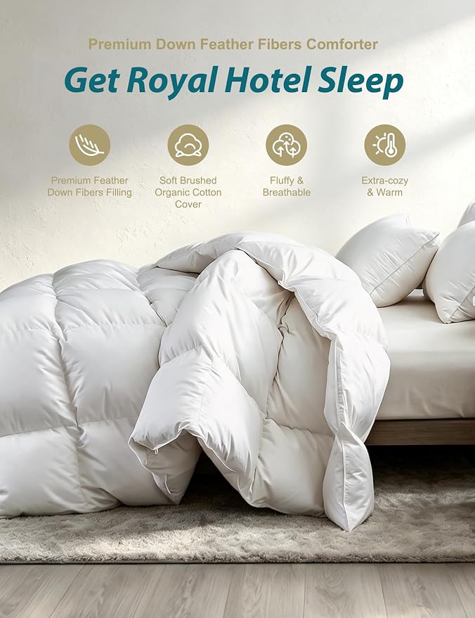 Cobnom® Luxury Organic Down Feather Comforter Oversized King, High Fill-Power Down Feather Fibers Duvet Insert with 100% Cotton Cover, Medium Warm for All-Season, Ivory White, 120x98 Inch