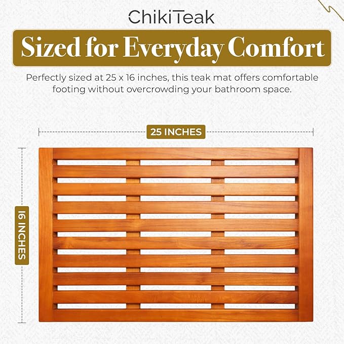 Teak Shower Mat – ChikiTeak Solid Wood Bath Mat for Outdoor Shower & Bathroom, Fast Draining, Non Slip, Premium Spa Mat, Durable Teak Bath Mat 25" x 16"