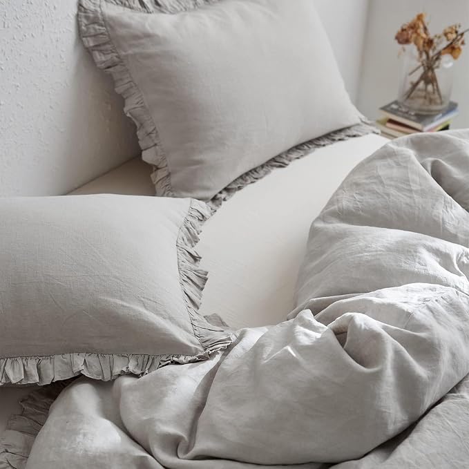Simple&Opulence 100% Linen Duvet Cover Set, Natural French Flax Light Grey Ruffle Duvet Cover Twin Size, Breathable Comfy Linen Bedding Comforter Cover with 1 Pillowcase (Light Grey, 68" x 86")