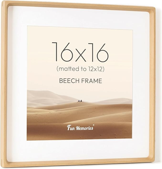 16x16 Picture Frame, USA-Sourced Beech Wood Photo Frame with HD Tempered Glass, Handcrafted Rounded Corner 16 x 16 Wooden Frame Matted to 12x12 Photos, 16x16 frame, Tabletop or Wall Display