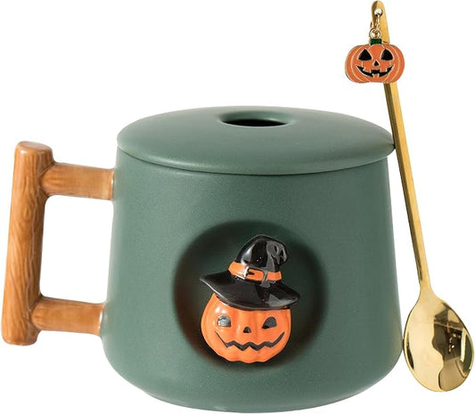 DIHOclub Adorable 3D Ceramic Pumpkin Head Mug with Lid and Spoon - Perfect for Coffee, Tea, Milk, and More - Ideal Gift for Halloween - 14 Ounces (HalloweenG)