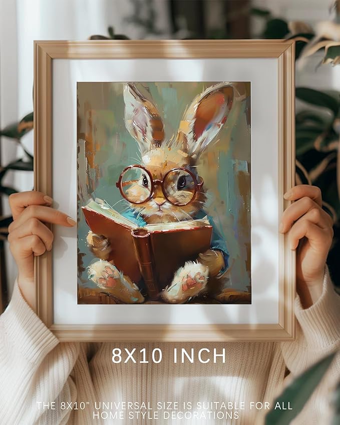 Vodefoad Cute Easter Bunny Reading Book Print Art Vintage Tiny Rabbit Big Glasses Wall Art Pring Nursery Painting Cute Animal Wall Decor Light Academia Decor Whimsical Rabbit Decor - 8x10Inch Unframe