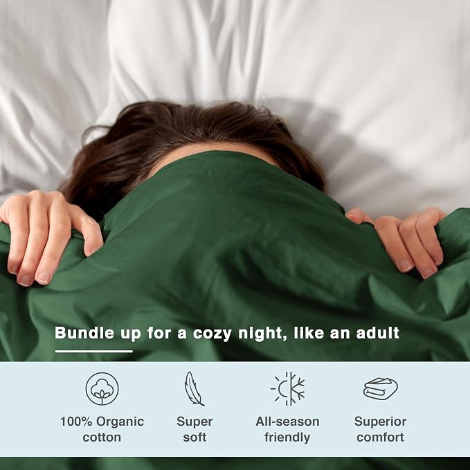 Fabdreams GOTS Certified 100% Organic Cotton Duvet Cover Queen Size - 400 TC Sateen - Soft - Silky - Button Closure - Edge Ties - 1 Duvet Cover (90"x92")+2 Pillow Shams (20"x26") - Forest Green