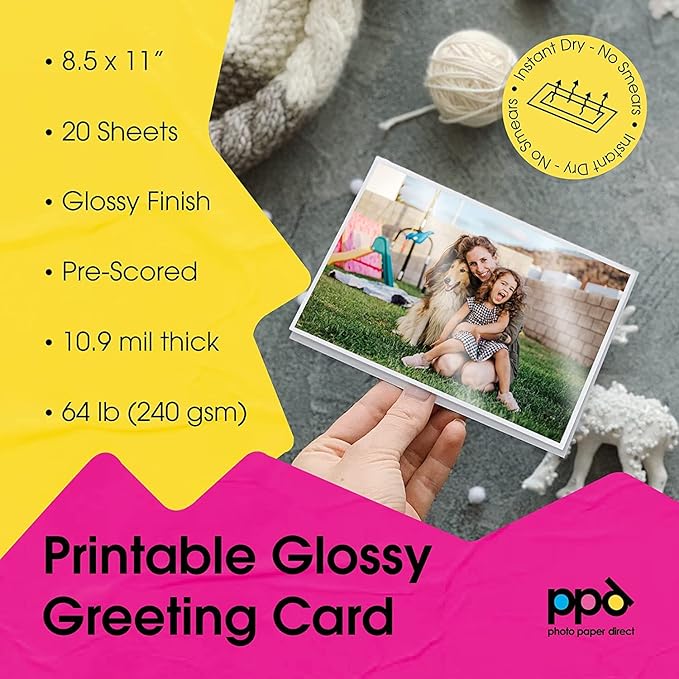 PPD Greeting Card Paper, Printable Greeting Cards for Inkjet Printer, 8.5 x 11 Blank Half Fold to 5.5 x 8.5 Custom Cards for Birthday, Wedding, Invitations, Thank You Note, Instant Dry (20 Sheets)