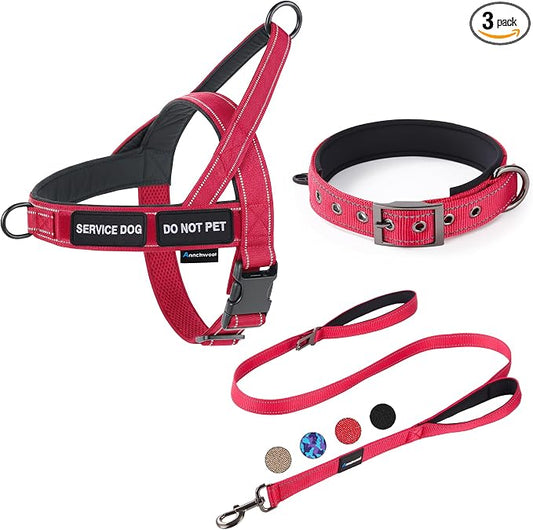 Annchwool No Pull Dog Harness,Heavy Duty Reflective Collar & Leash Set-Leash with Double Handle & Car Seatbelt Clip-Easy Control for Walking Training Medium Large Size Dogs(Red,S)