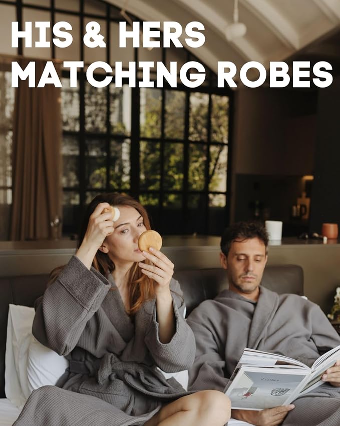 sea me at home Turkish Cotton Waffle Bathrobe, Luxury Spa Hotel Shawl Collar Robe for Women & Men, Plush Terry Inside