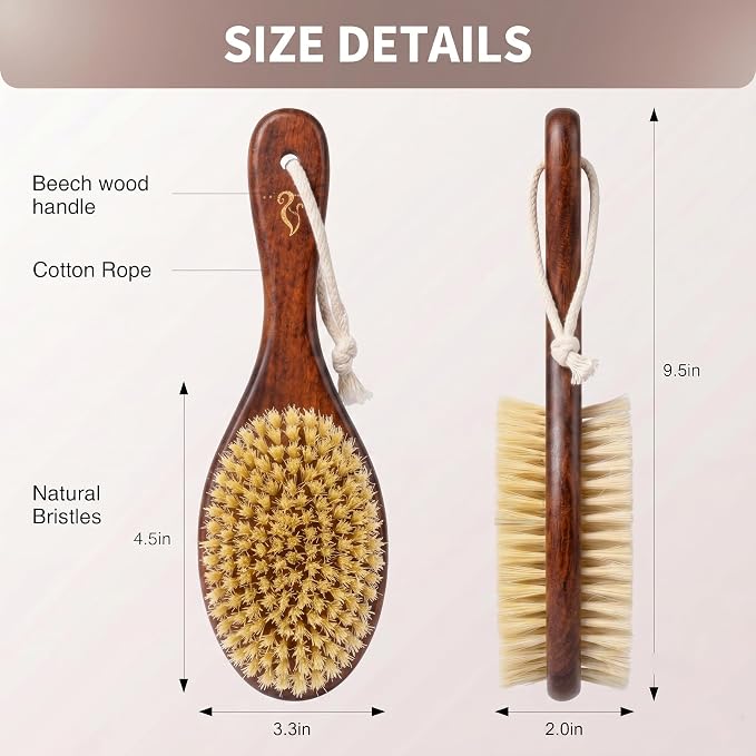 Short-Handle Dual-Sided Bath Massage Brush, Soft Boar & Firm Sisal Bristles, Portable (Red Oak)