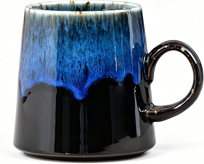 15oz Japanese style Handmade Ceramic Coffee Mug - Unique Pottery tea cup, Lead-free Artisanal stoneware ceramic tea mug, Dishwasher & Microwave Safe Coffee cup for office and home, Blue and Black