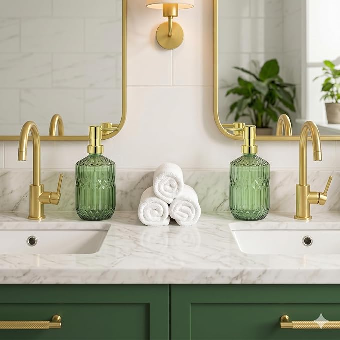 Green Glass Soap Dispenser (15.4 Oz, 2 Pack), Kitchen Hand and Dish Soap Dispenser Set with Golden Rust Proof Pump, Vintage Bathroom Hand Soap Lotion Dispensers