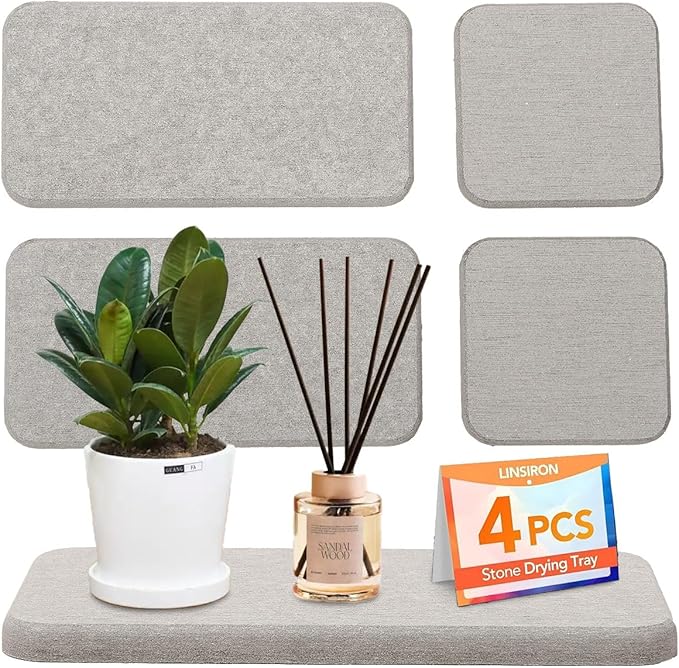 Diatomite Soap Tray Water Absorbing Stone Tray Set of 4 Drying Stone Sink Mat for Kitchen Bathroom Counter (Grey)
