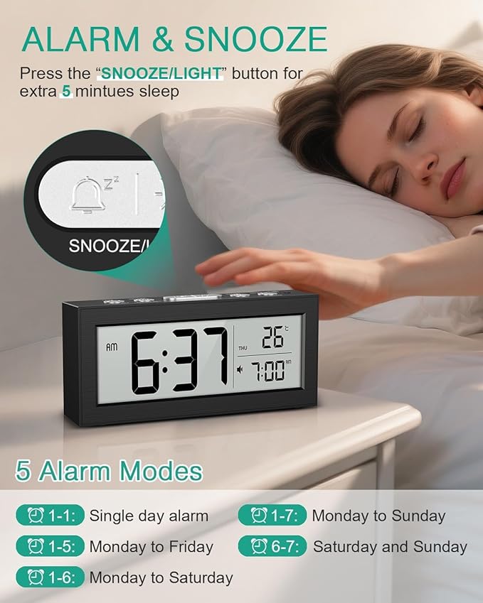 ORIA Battery Operated Digital Clock, Small Travel Alarm Clock with Indoor Temp, Date, Blacklight, Snooze, Desk Clock for Kids, Teens, Seniors, Bedrooms, Batteries Included