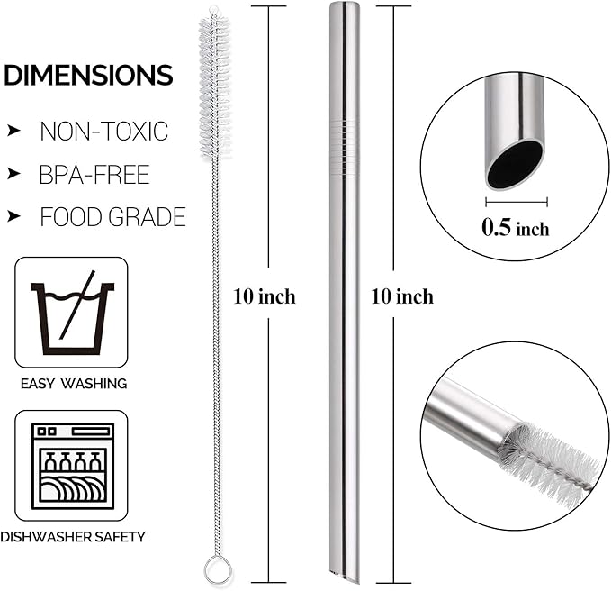[Angled Tips] 5 Pcs 10" Reusable Bubble Tea Straws & Smoothie Straws, 0.5" Wide Stainless Steel Straw, Metal Straw for Boba, Tapioca Pearl, Milkshakes, Jumbo Drinks | 2 Cleaning Brushes