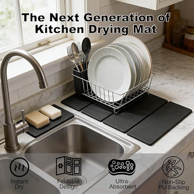 23.6"×15.7" Diatomaceous Earth Stone Dish Drying Mat, Foldable Super Absorbent Quick Dry Non-Slip Eco-Friendly Pad for Kitchen Counter, Dishes, Cups, Bottles & Utensils, Dark Gray