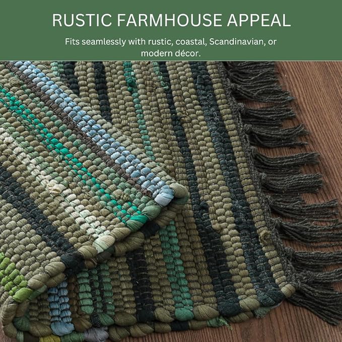 Cotton Chindi Rug - Boho Rustic Area Accent Throw Rug - Area Floor Carpet for Bedroom Living Room Kitchen Dorm Entryway Hallway - 20x32 inch Hand Woven Reversible Area Rug Green Multi