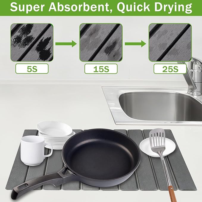Diatomaceous Earth Dish Drying Mat - Large Quick Drying Stone Mat for Kitchen Counter & Sink, 23.2"x15.4" Absorbent Non-Slip Drying Pad for Dishes, Fast Drain Gray Diatomite Tray with Rounded Corners