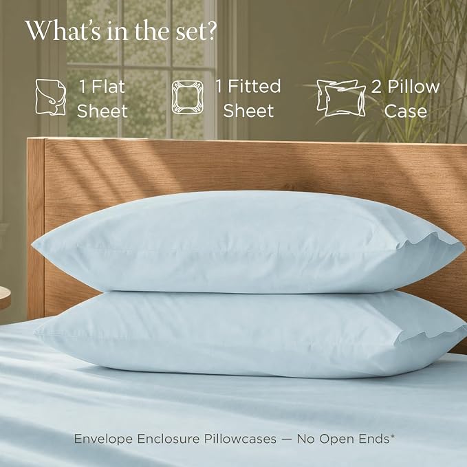 Threadmill Luxury Organic Cotton Sheets - Certified by GOTS - King, 4 Piece, Light Blue - Breathable - Premium Sheet Set - Smooth and Cool Bedding with Perfect Elastic Deep Pocket Fit