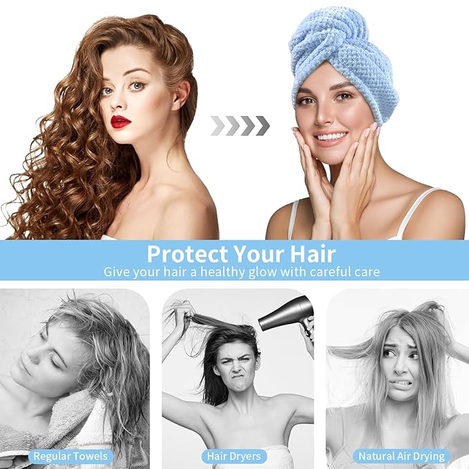 my novel things 3 Pack Microfiber Hair Towel Wrap for Women 25.4"x9.8", Super Absorbent Hair Towel Wrap, Quick Dry Hair Towels with Button for Curly Hair Anti Frizz (Blue,Green,Gray)