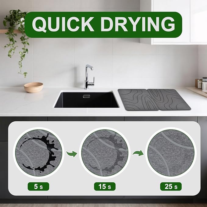 Stone Drying Mat for Kitchen Counter, 2-Pack 16"x12" Fast Drying Stone Dish Mat, Double-Sided Diatomaceous Earth Dish Drying Mat, Highly Absorbent Eco-Friendly Kitchen Mat (Gray, Curved Stripes)